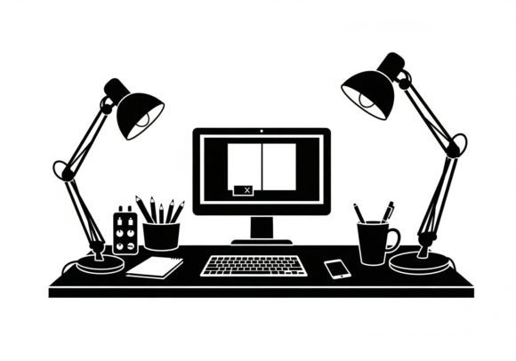 Black and White of a Desk with Computer: A Versatile Graphics Illustration