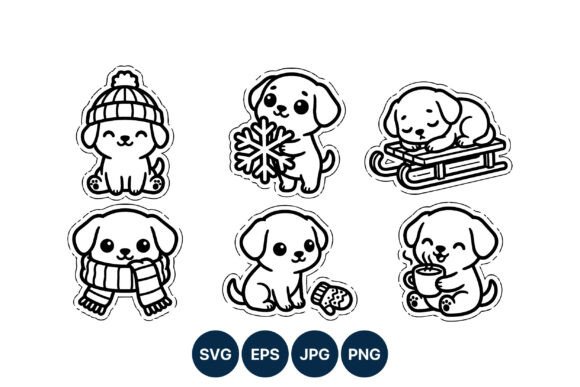 Review: Cute Winter Puppies Black White Vector Graphics